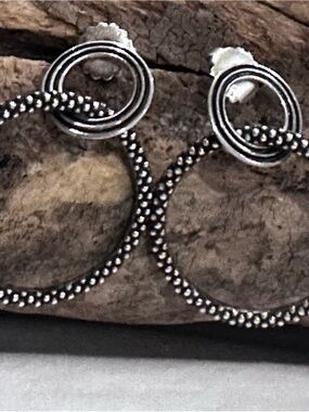 LAGOS Caviar and Fluted DOUBLE CIRCLE 925 Sterling Silver Drop Earrings